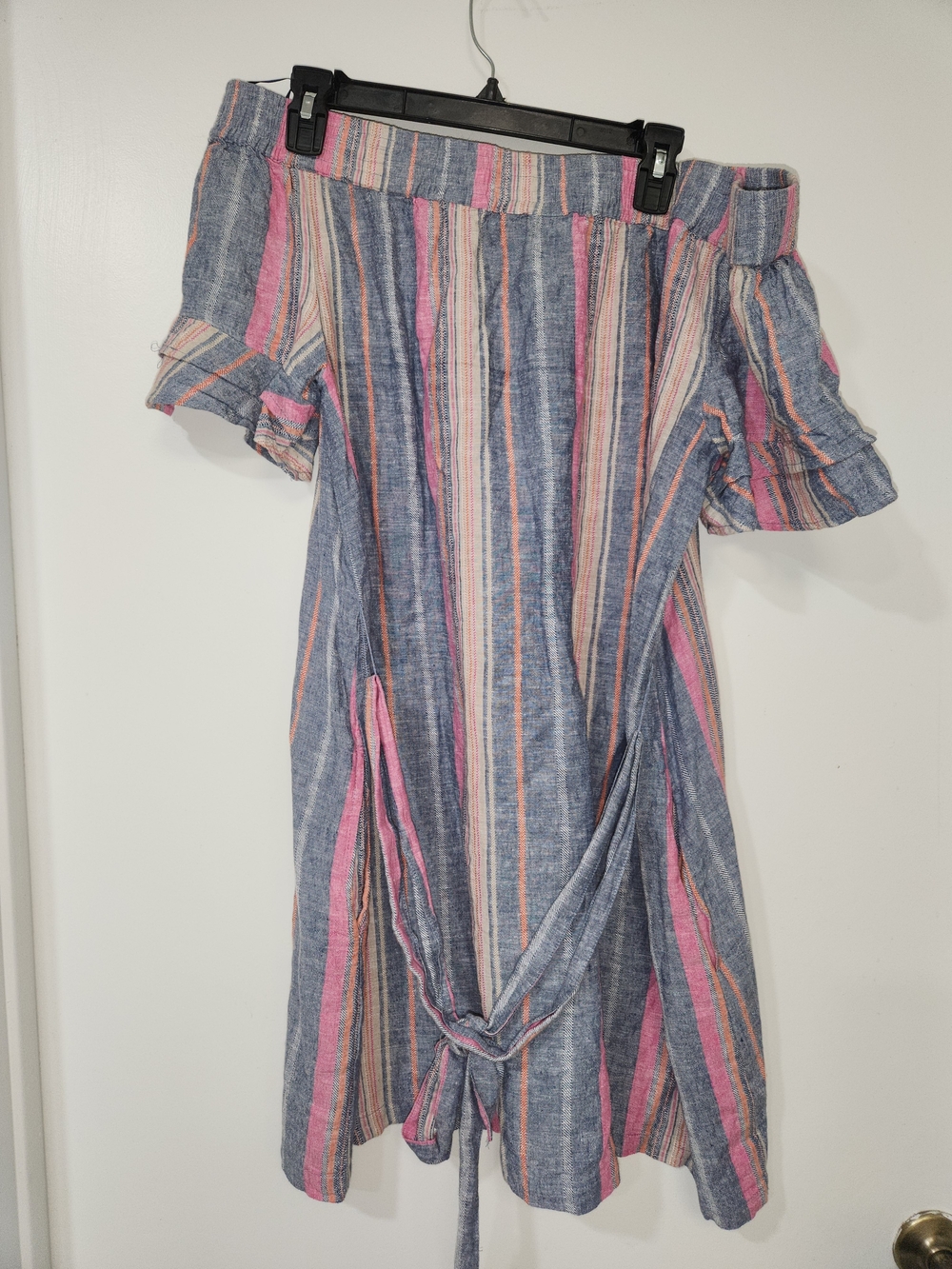 New York & Company Blue, Pink & Cream Striped Off-Shoulder Dress